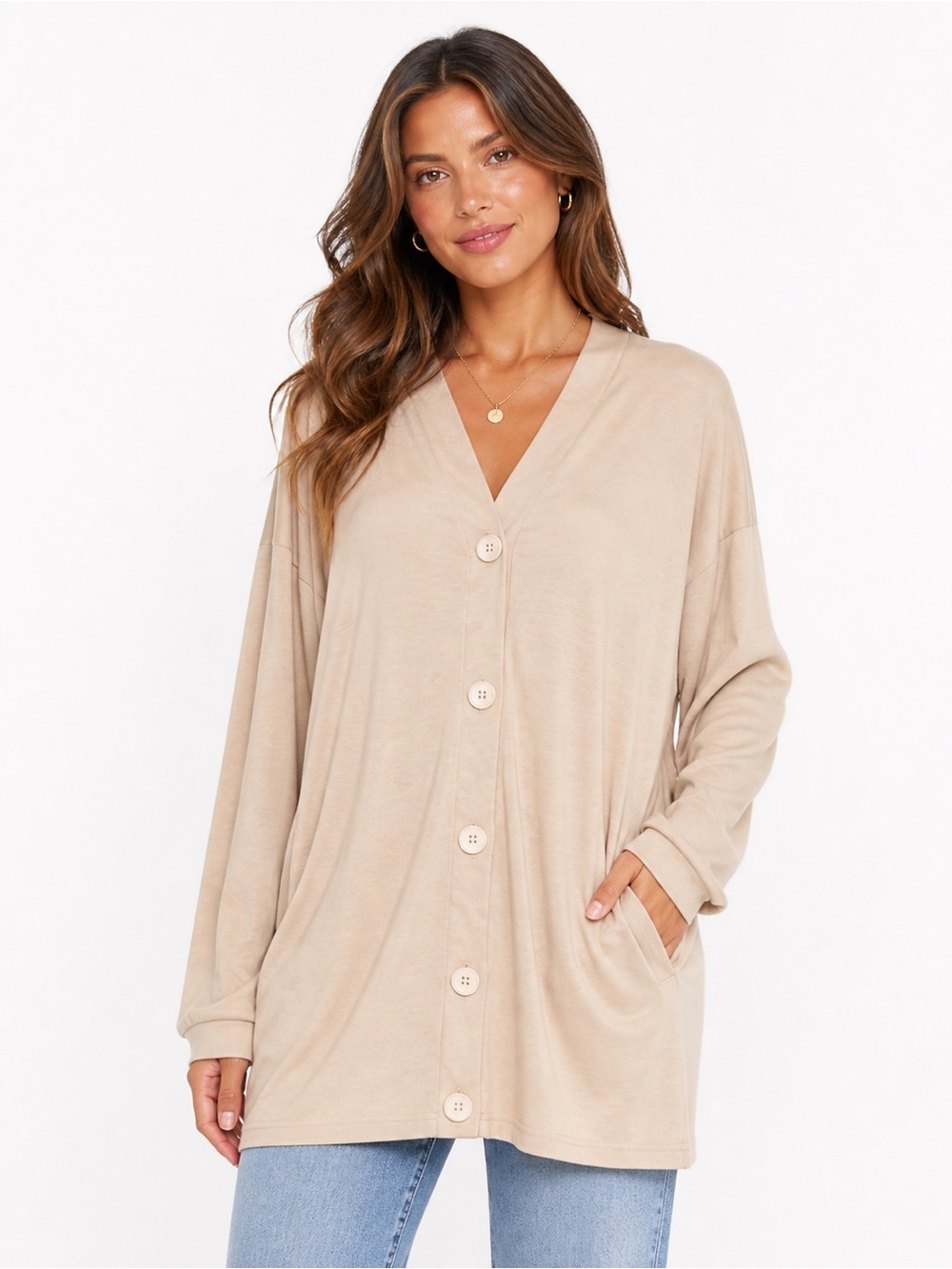 Fancy Homebody Size Large Oversized Beige Button-Up Long Length Cardigan Pockets